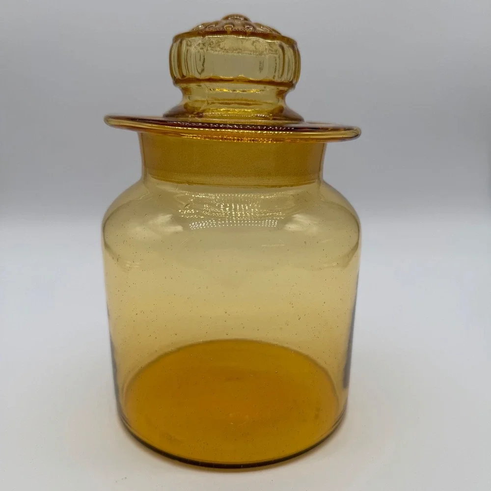 Vintage Takahashi Amber Glass Apothecary Jar Daisy Lid Hand Blown 7x4.5